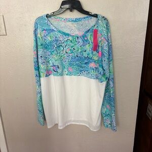 Lilly Pulitzer Aqua Patterned & White Scoop Neck Long Sleeve Top